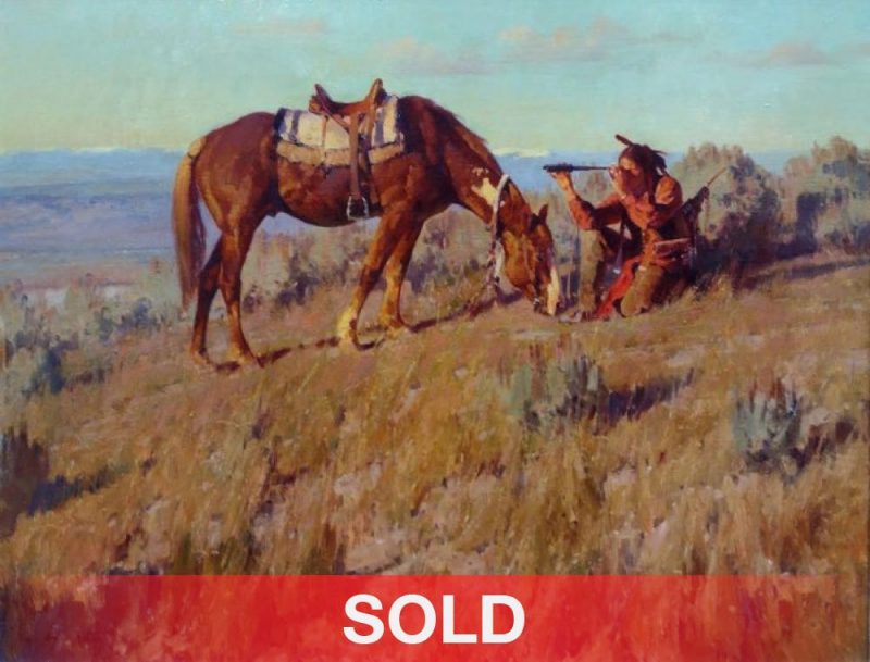 Jim Norton The Scout Native American Indian horse saddle telescope western oil painting sold