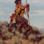 Jim Norton The Sentinel Native American Indian spear western oil painting sold