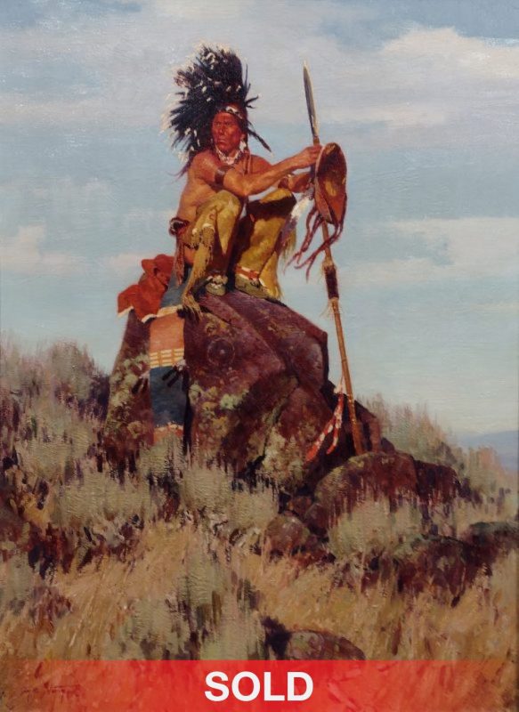 Jim Norton The Sentinel Native American Indian spear western oil painting sold