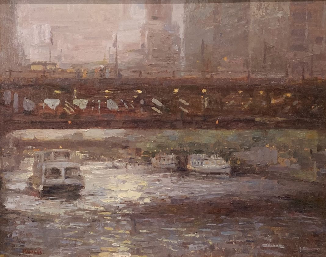 Miguel Malagon Downtown Chicago Ohio river bridge boat canal waterway river architecture oil painting