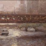 Miguel Malagon Downtown Chicago Ohio river bridge boat canal waterway river architecture oil painting