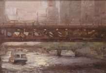Miguel Malagon Downtown Chicago Ohio river bridge boat canal waterway river architecture oil painting
