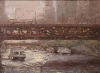 Miguel Malagon Downtown Chicago Ohio river bridge boat canal waterway river architecture oil painting