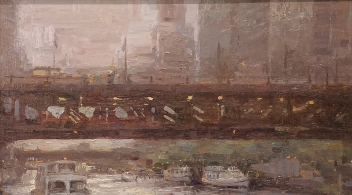 Miguel Malagon Downtown Chicago Ohio river bridge boat canal waterway river architecture oil painting