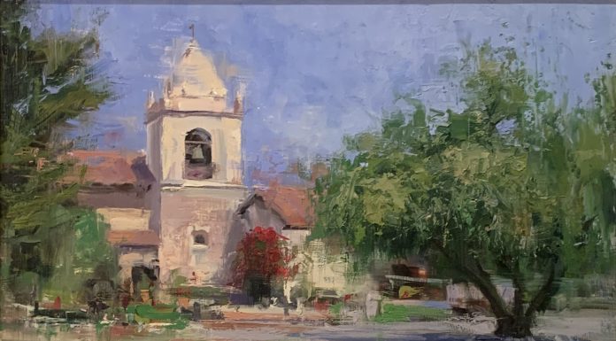 Mike Wise Carmel Courtyard mission California architecture oil painting