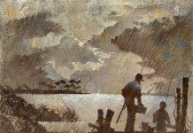 Stan Robinson "The Peaceful Hour" fish fishing father son grandfather grandson, moody sky water lake river sea North Carolina acrylic painting