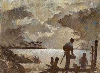 Stan Robinson "The Peaceful Hour" fish fishing father son grandfather grandson, moody sky water lake river sea North Carolina acrylic painting