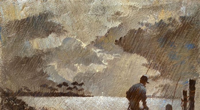 Stan Robinson "The Peaceful Hour" fish fishing father son grandfather grandson, moody sky water lake river sea North Carolina acrylic painting