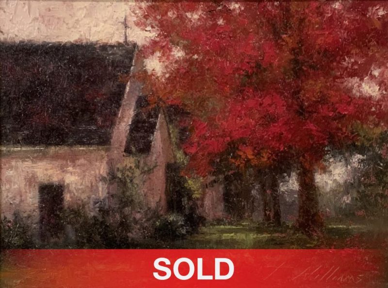 Todd Williams Country Church changing of season red maple tree landscape oil painting sold