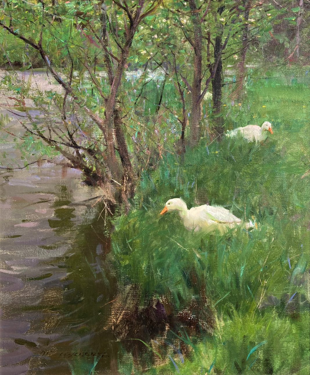 Spring Kerry's Creek duck goose geese stream river landscape wildlife oil painting