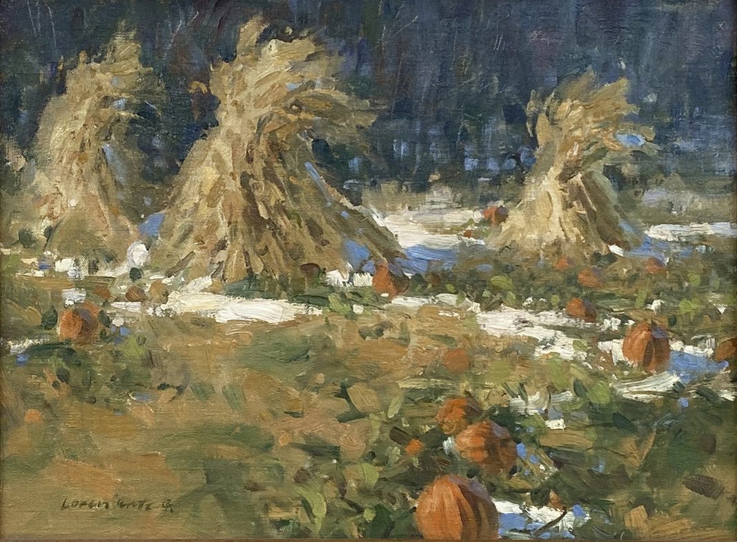 Loren Entz Early Snow pumpkins hay snow landscape oil painting