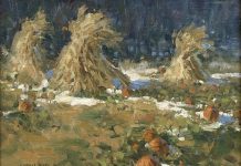 Loren Entz Early Snow pumpkins hay snow landscape oil painting