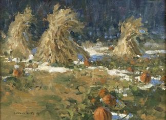 Loren Entz Early Snow pumpkins hay snow landscape oil painting