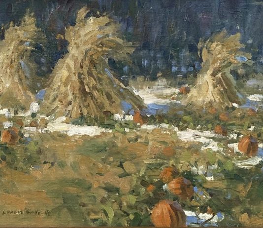Loren Entz Early Snow pumpkins hay snow landscape oil painting