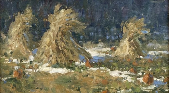 Loren Entz Early Snow pumpkins hay snow landscape oil painting