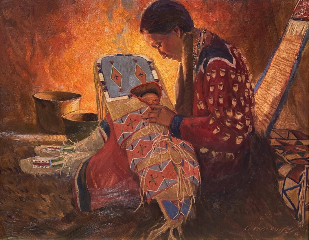 Loren Entz First son Native American Indian portrait figure figurative baby cradle board western landscape oil painting
