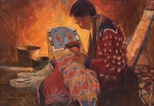 Loren Entz First son Native American Indian portrait figure figurative baby cradle board western landscape oil painting