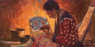 Loren Entz First son Native American Indian portrait figure figurative baby cradle board western landscape oil painting