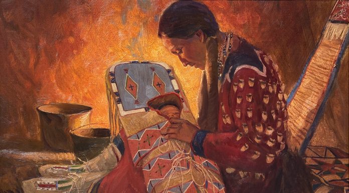 Loren Entz First son Native American Indian portrait figure figurative baby cradle board western landscape oil painting