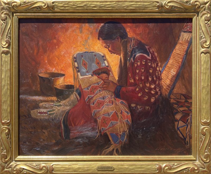 Loren Entz First son Native American Indian portrait figure figurative baby cradle board western landscape oil painting framed