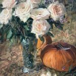 Loren Entz Peach Roses Pumpkins still life floral flowers oil painting