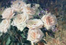 Loren Entz Peach Roses Pumpkins still life floral flowers oil painting