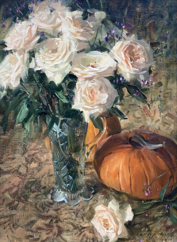 Loren Entz Peach Roses Pumpkins still life floral flowers oil painting