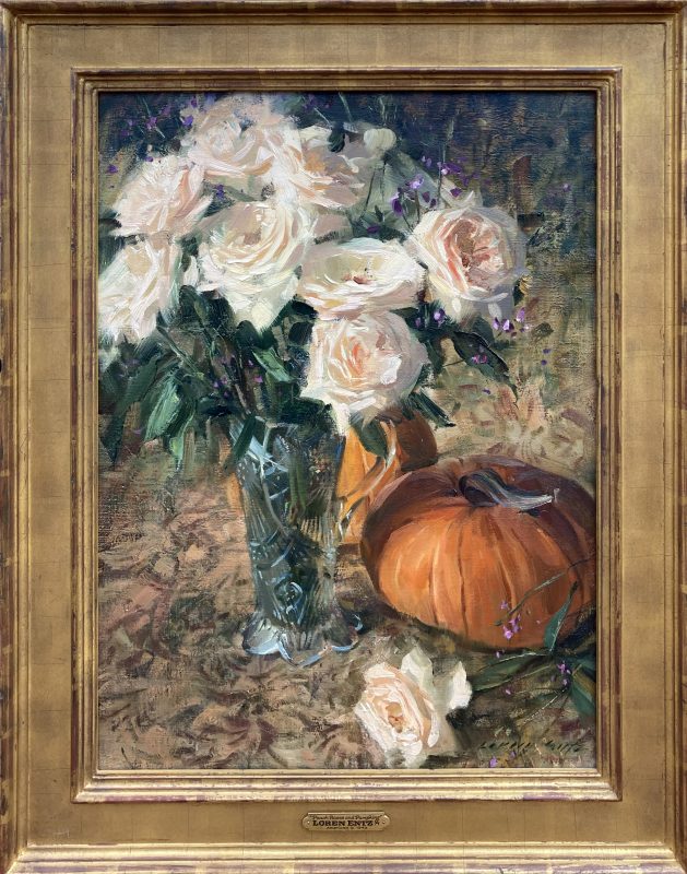 Loren Entz Peach Roses Pumpkins still life floral flowers oil painting