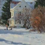 Loren Entz Winter At Redlodge snow kids dog architecture house landscape oil painting