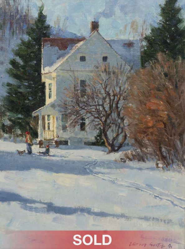 Loren Entz Winter At Redlodge snow kids dog architecture house landscape oil painting