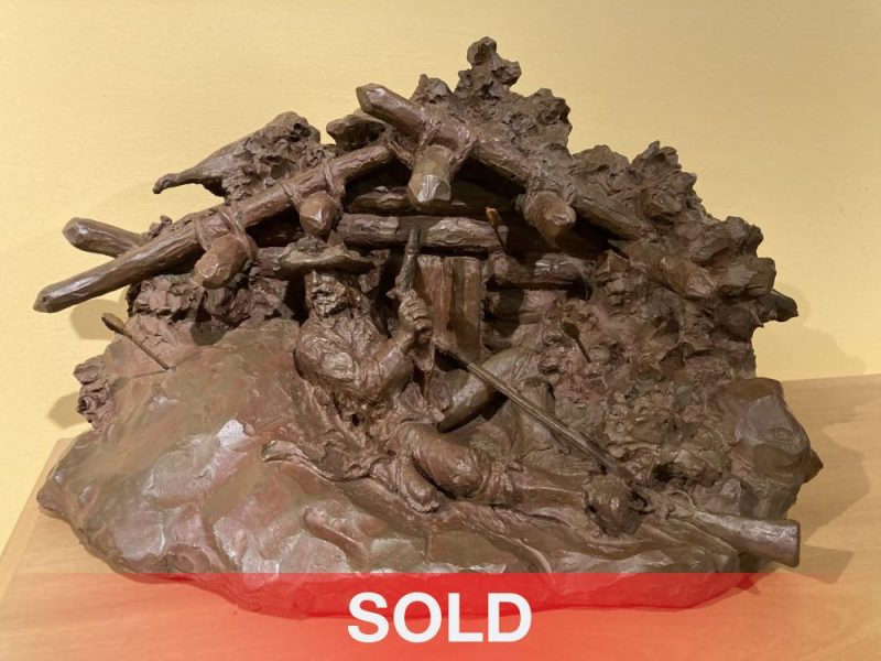 Scott Rogers Odds Are Against Him cowboy plainsman trapper arrows protecting log cabin western bronze sculpture sold