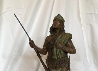 Bill Nebeker Watching' For The Long Knives Native American Indian figure figurative buffalo skull western bronze sculpture