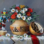 Rose Ann Day Native Treasures still life painting Native American pottery Papago basket oil painting