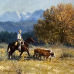 Bruce Greene "Brining Them In" cowboy cattle cow ranch horse equine herd rounding up western oil painting