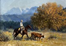 Bruce Greene "Brining Them In" cowboy cattle cow ranch horse equine herd rounding up western oil painting
