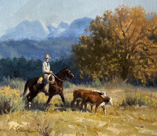 Bruce Greene "Brining Them In" cowboy cattle cow ranch horse equine herd rounding up western oil painting