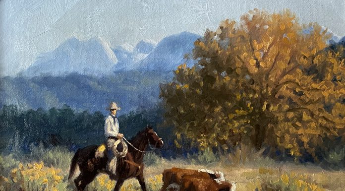 Bruce Greene "Brining Them In" cowboy cattle cow ranch horse equine herd rounding up western oil painting