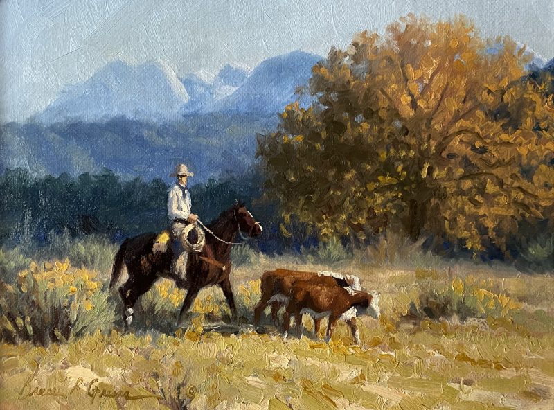 Bruce Greene "Brining Them In" cowboy cattle cow ranch horse equine herd rounding up western oil painting