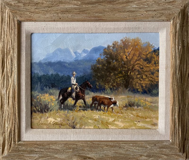 Bruce Greene "Brining Them In" cowboy cattle cow ranch horse equine herd rounding up western oil painting framed