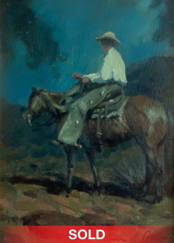 Bruce Greene Night Watch cowboy horse evening western oil painting sold