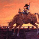 Jim Connelly Bareback Jack bucking horse cowboy action western landscape oil painting