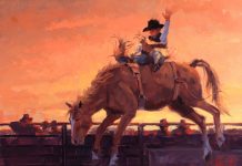 Jim Connelly Bareback Jack bucking horse cowboy action western landscape oil painting