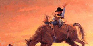 Jim Connelly Bareback Jack bucking horse cowboy action western landscape oil painting