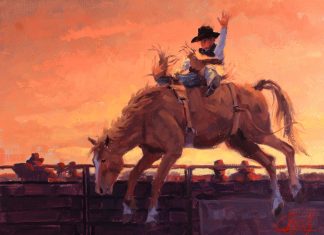 Jim Connelly Bareback Jack bucking horse cowboy action western landscape oil painting