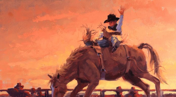 Jim Connelly Bareback Jack bucking horse cowboy action western landscape oil painting