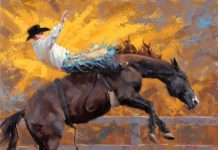 Jim Connelly Fire Storm bucking horse cowboy action western landscape oil painting