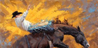 Jim Connelly Fire Storm bucking horse cowboy action western landscape oil painting