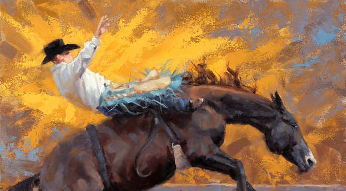 Jim Connelly Fire Storm bucking horse cowboy action western landscape oil painting