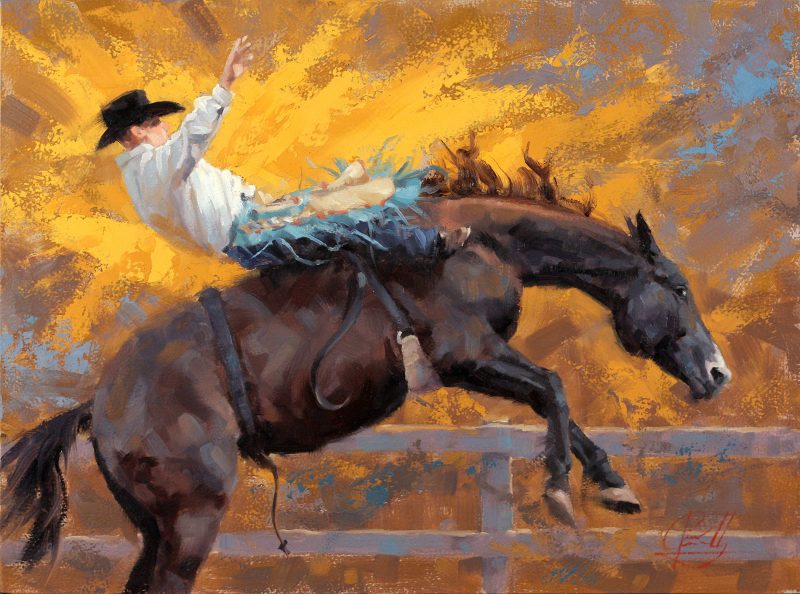 Jim Connelly Fire Storm bucking horse cowboy action western landscape oil painting
