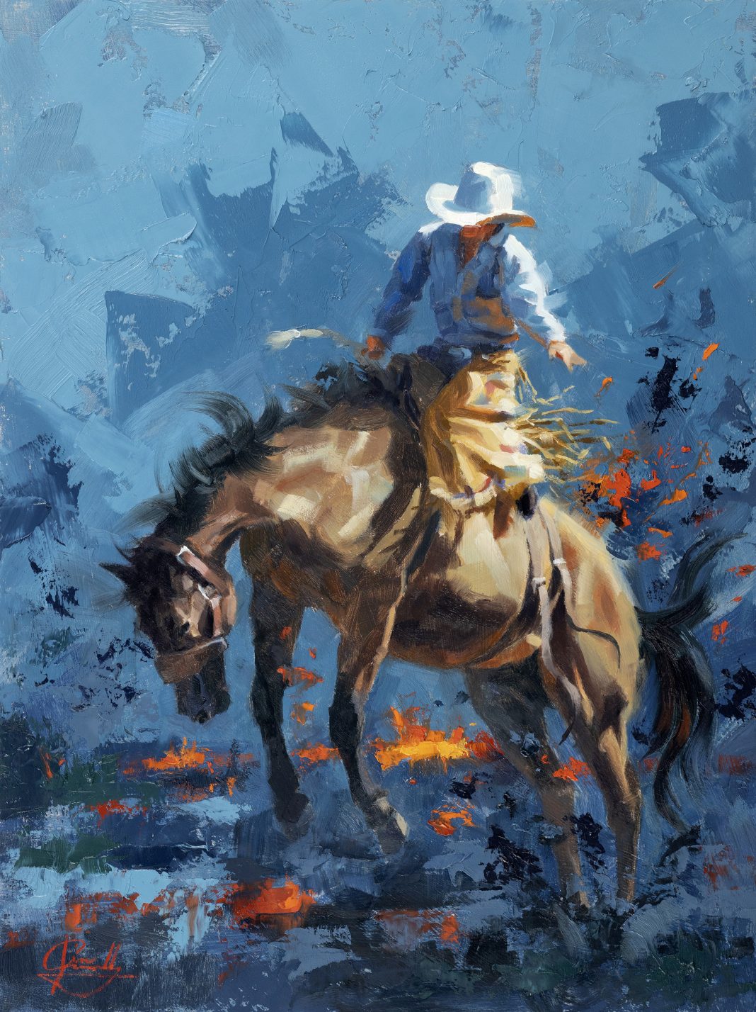 Jim Connelly Fired Up bucking horse cowboy action western landscape oil painting